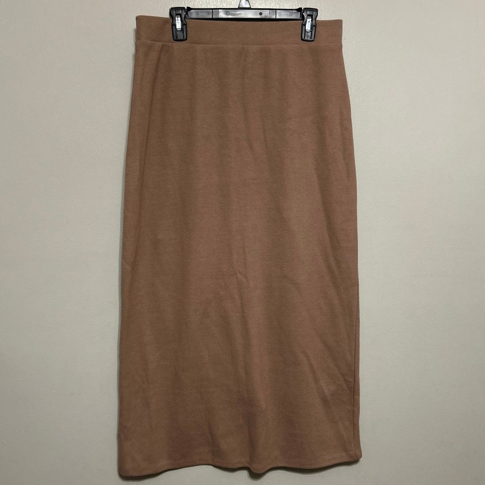 Old Navy Midi Skirt L Tall Brown Knit Driftwood Back Slit Cozy Earthy Minimalist